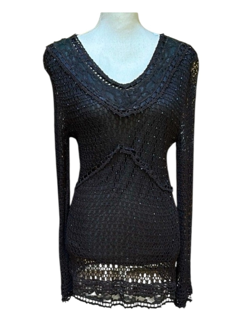 Pierri New York Women’s Grey Y2K Crochet Open Knit Beaded Baby Doll Blouse Lrg